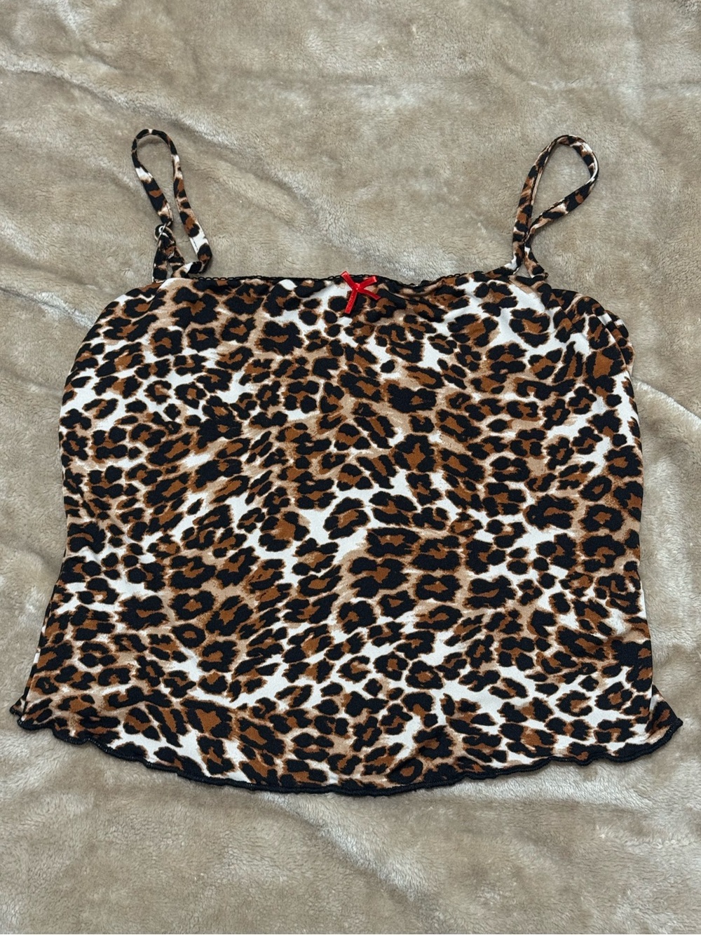 Leopard Print Cami Top - Brown/Black + Red Bow